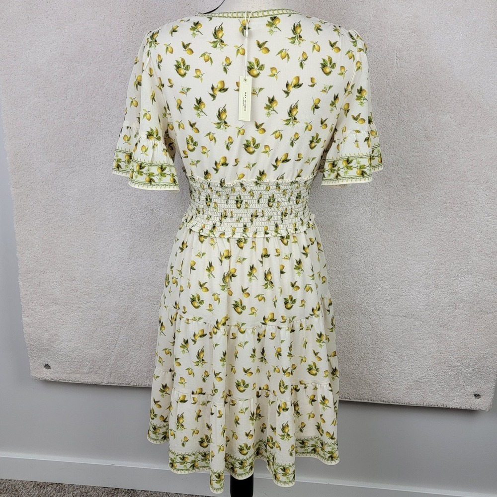 Max Studio NEW Women S Yellow Cream Lemon Print Smocked Cottagecore Sun Dress - Picture 3 of 11